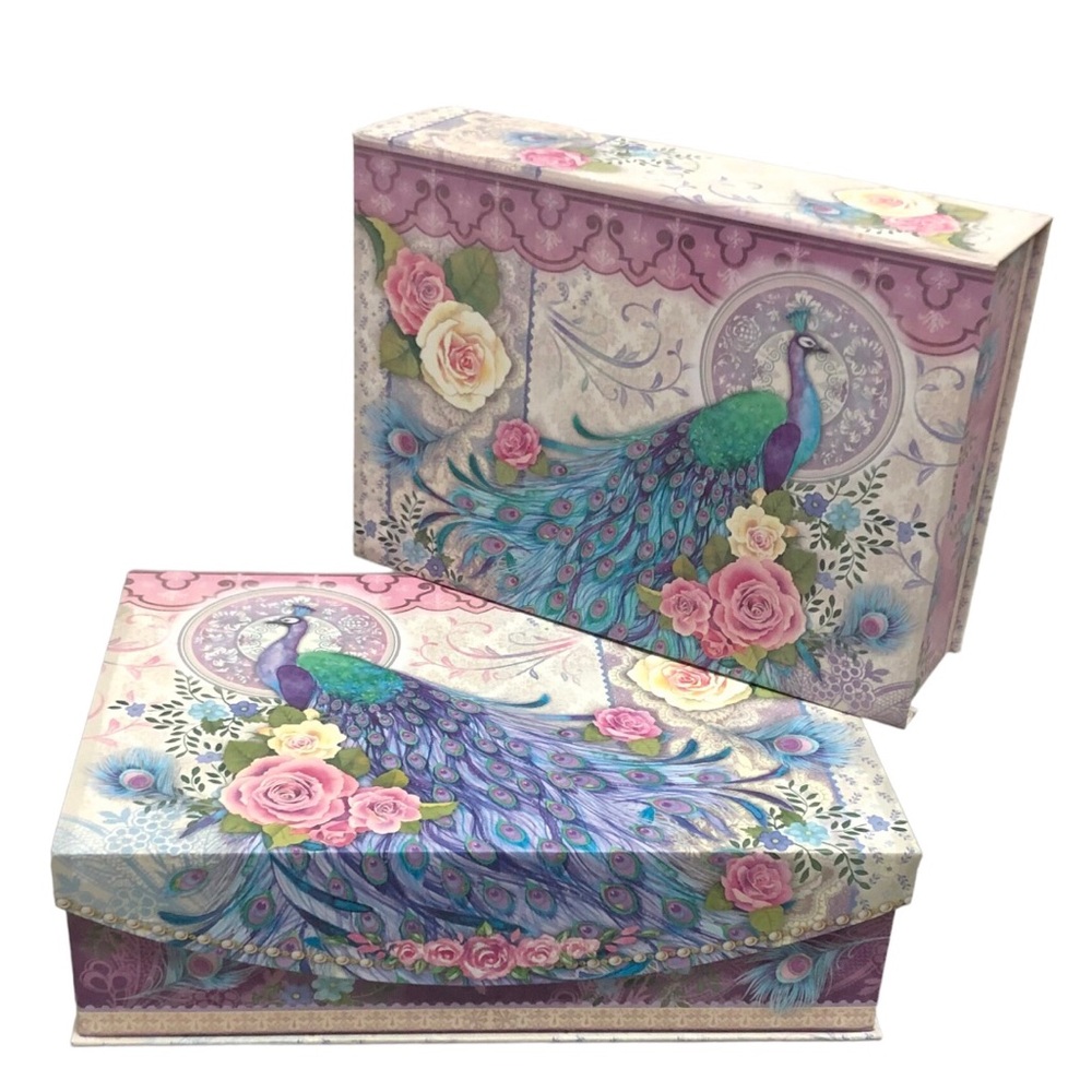 Pooch & Sweetheart Purple Peacock w Roses Decorative Storage Flip Lid Boxes, 2ct